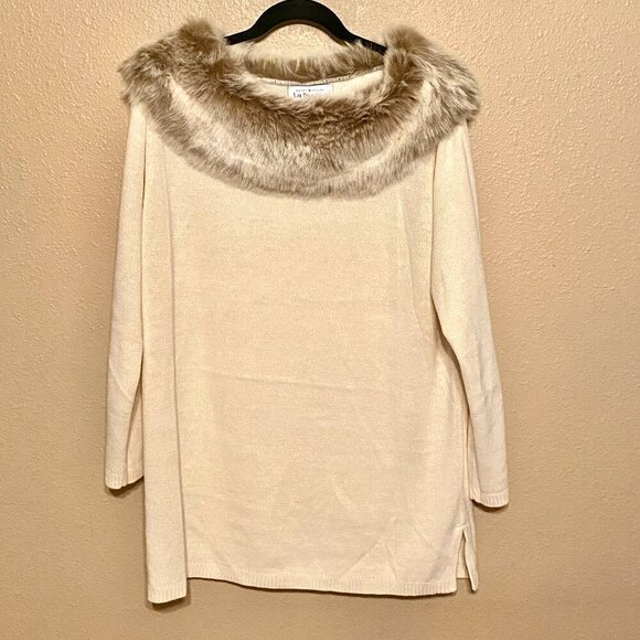 Vintage Kathy Levine by Request Cream Sweater Faux Fur collar Women's size (L) - Picture 1 of 9